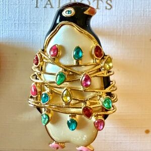 Talbots Holiday Penguin Brooch Black & White Enamel with jewel tone lights NWT